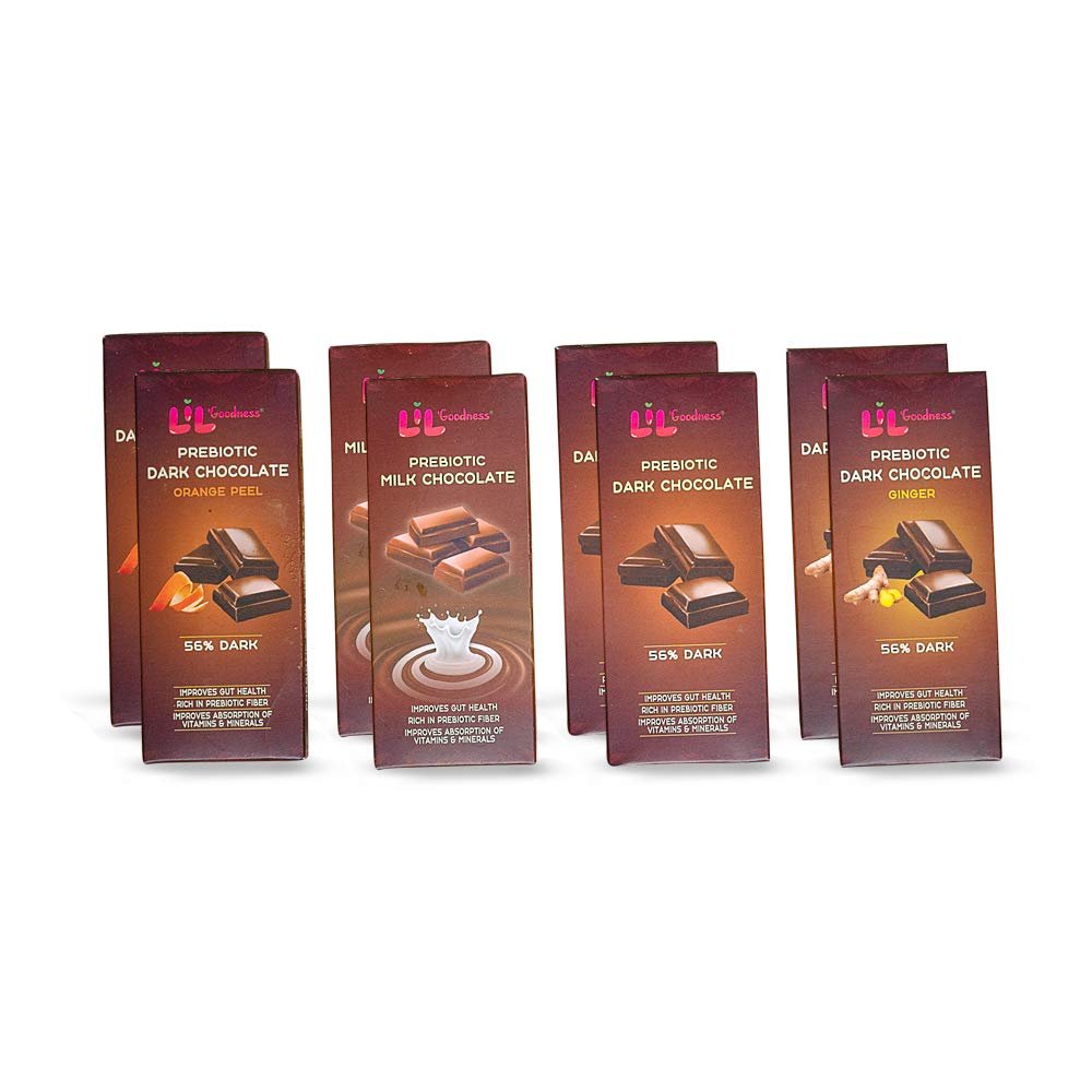 LiL’Goodness Assorted Prebiotic Chocolates, Prebiotic Belgian Milk, Prebiotic Belgian Dark, Prebiotic Belgian Dark Orange Peel, Prebiotic Belgian Dark Ginger | 35g Pack of 8 (2 Each)