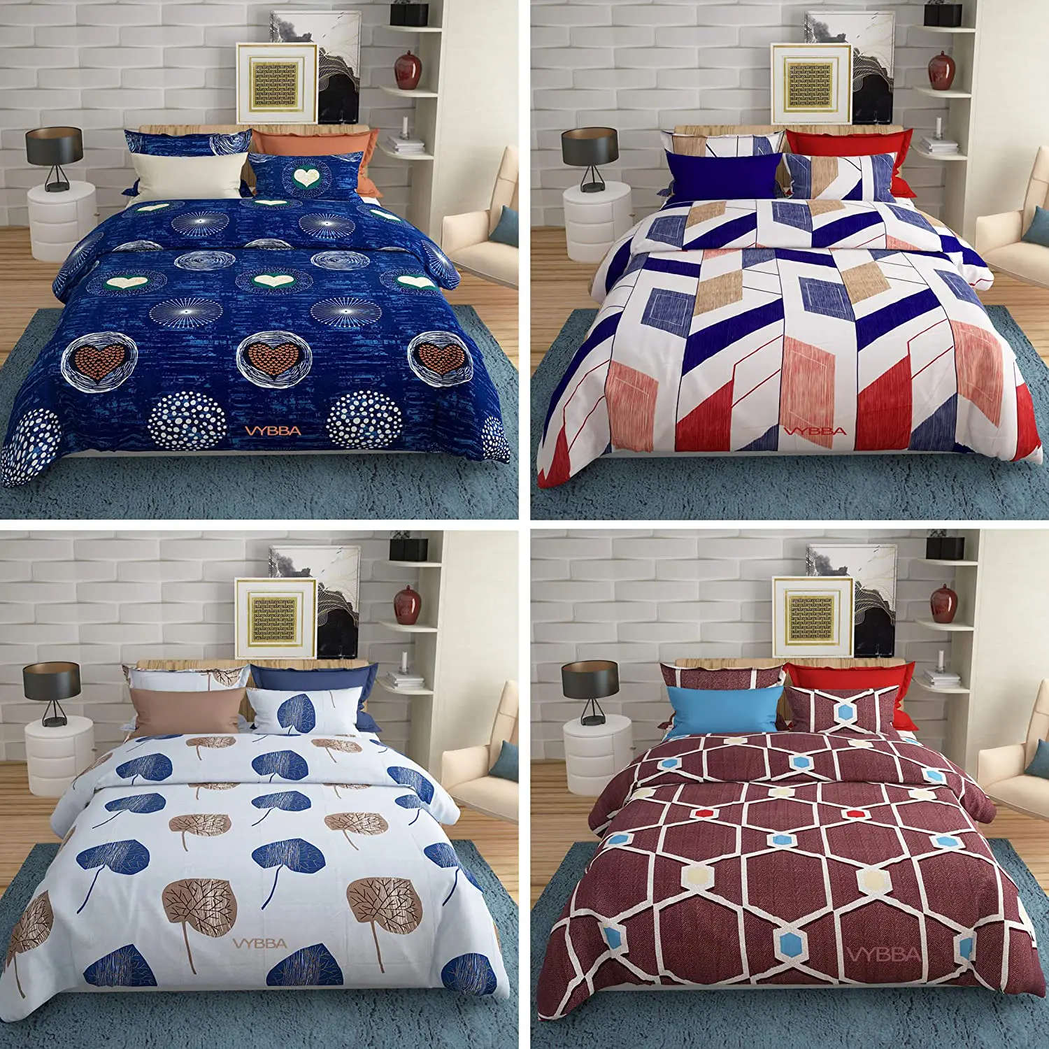 VYBBA Premium BEDSHEETS for Double Bed || 152 TC Glace Cotton Double BEDSHEET with 2 Pillow Covers King Size ( Combo of 4 Bed Sheet and 8 Pillow Cover, Multicolor )