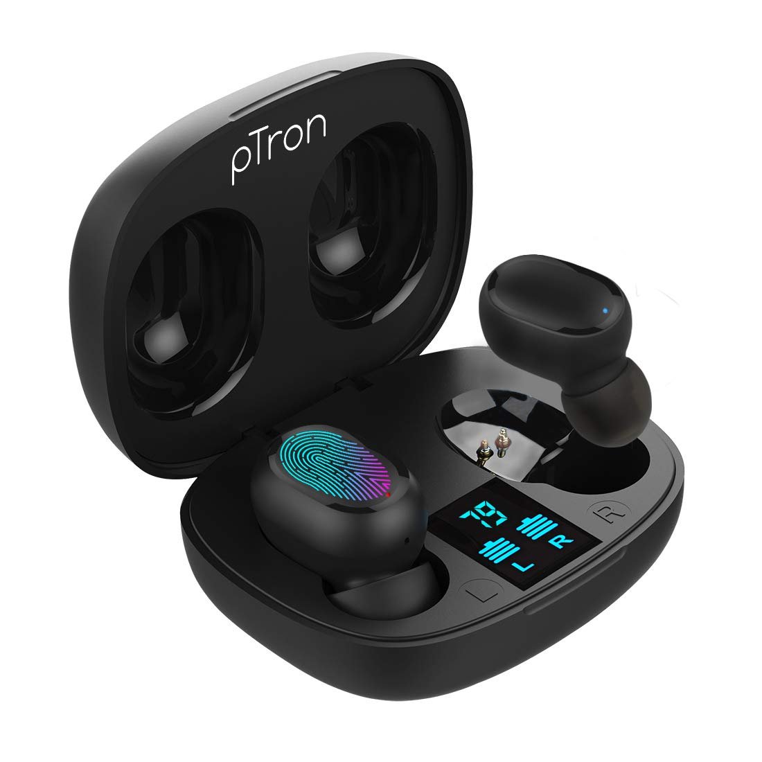 pTron Bassbuds Pro in-Ear True Wireless Bluetooth 5.0 Headphones with Deep Bass, Touch Control Earbuds with IPX4 Water & Sweat Resistance, Digital Display Case, Earphones with Built-in Mic – (Black)
