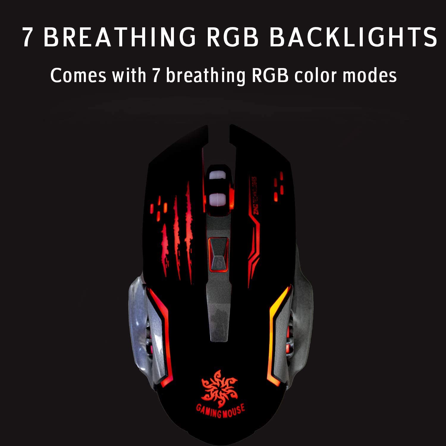 Zinq Technologies 1070 LED Backlight 6 Button USB Gaming Mouse with 3200DPI, 1.5 Metre Nylon Braided Cable, Ergonomic Design (Black)