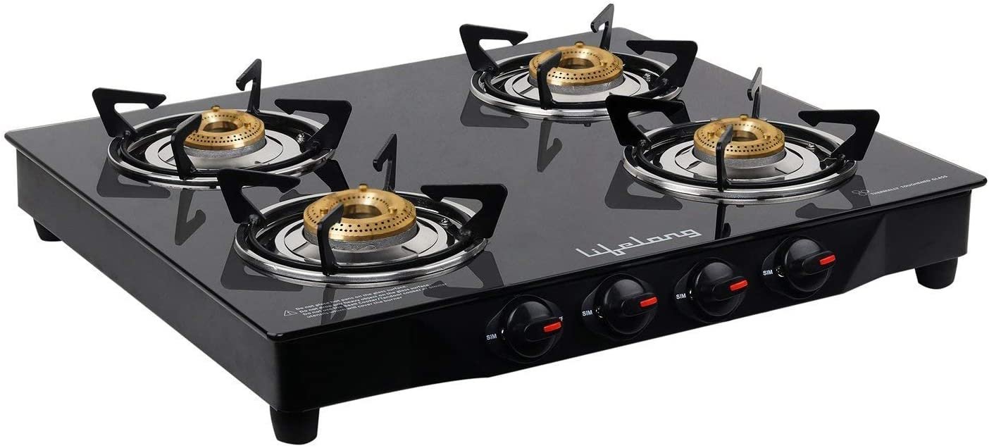 Lifelong Glass Top Gas Stove, 4 Burner Gas Stove, Black (ISI Certified,1 year warranty with Doorstep Service)